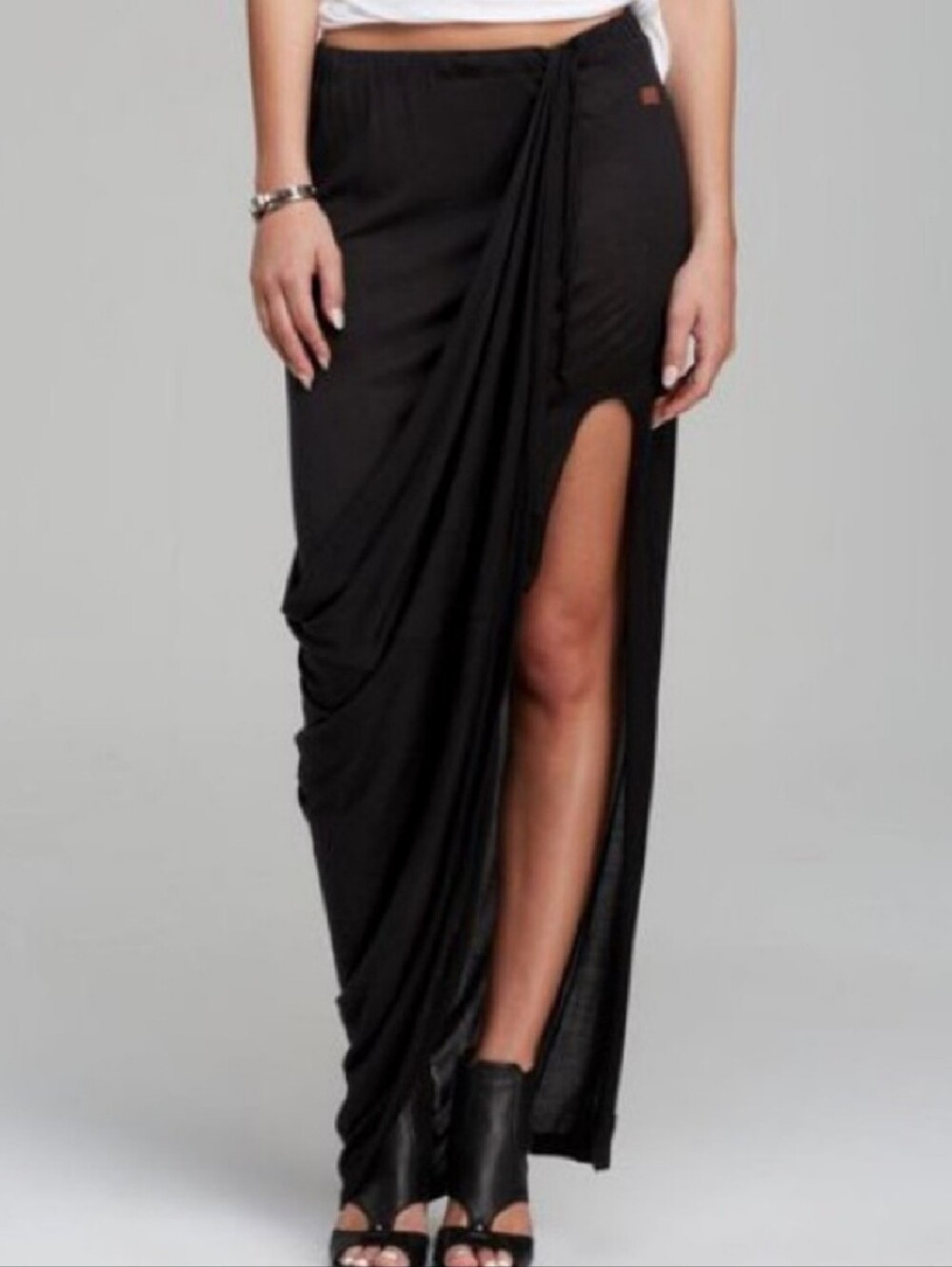 Peace Love World Black Women's Draped Maxi Skirt Drawstring Elastic